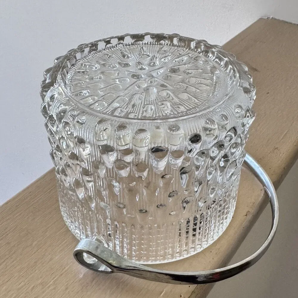 Vintage Teleflora Clear Glass Ice Bucket with Chrome Handle Made in France